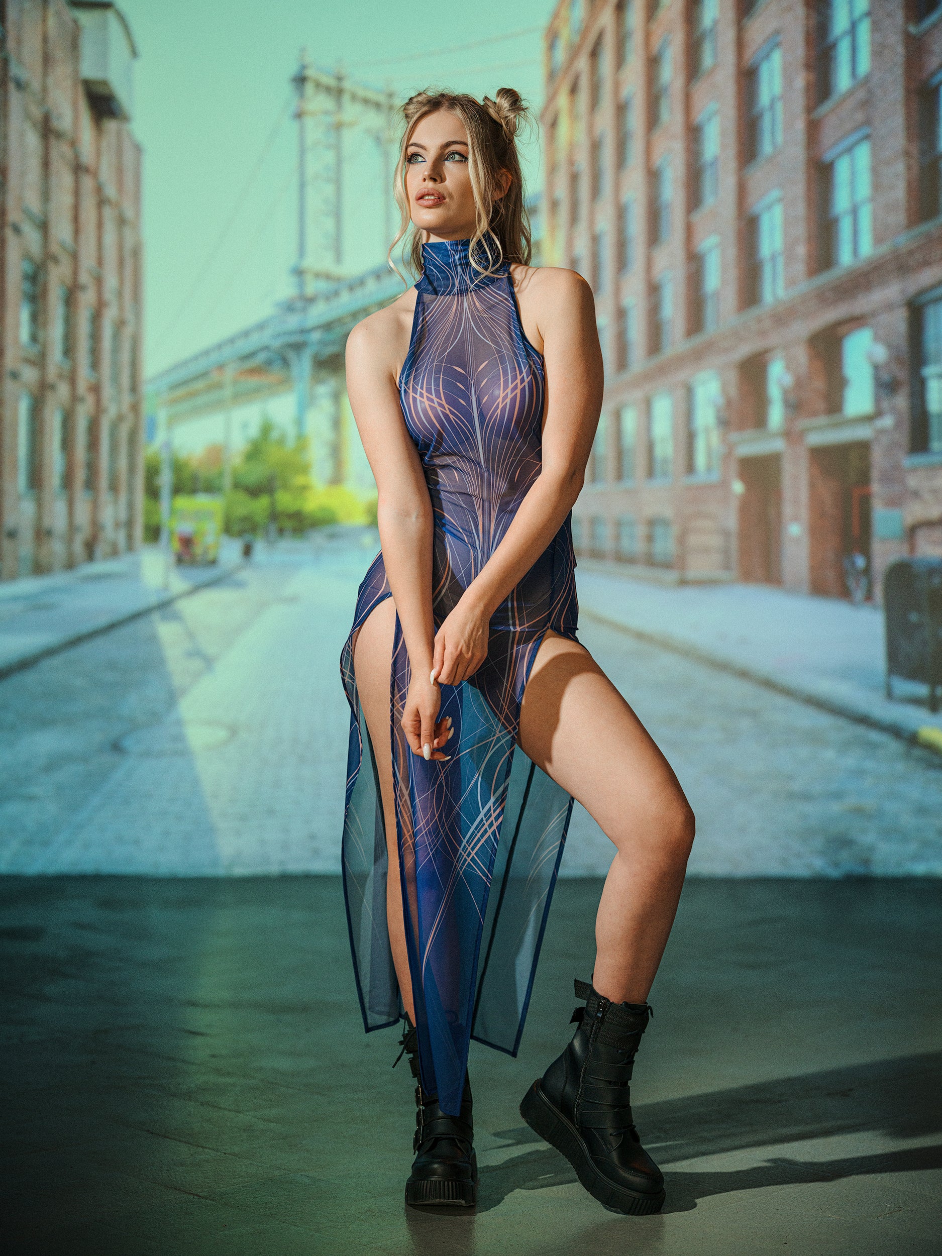 Futuristic mesh maxi dress for rave and EDM festivals