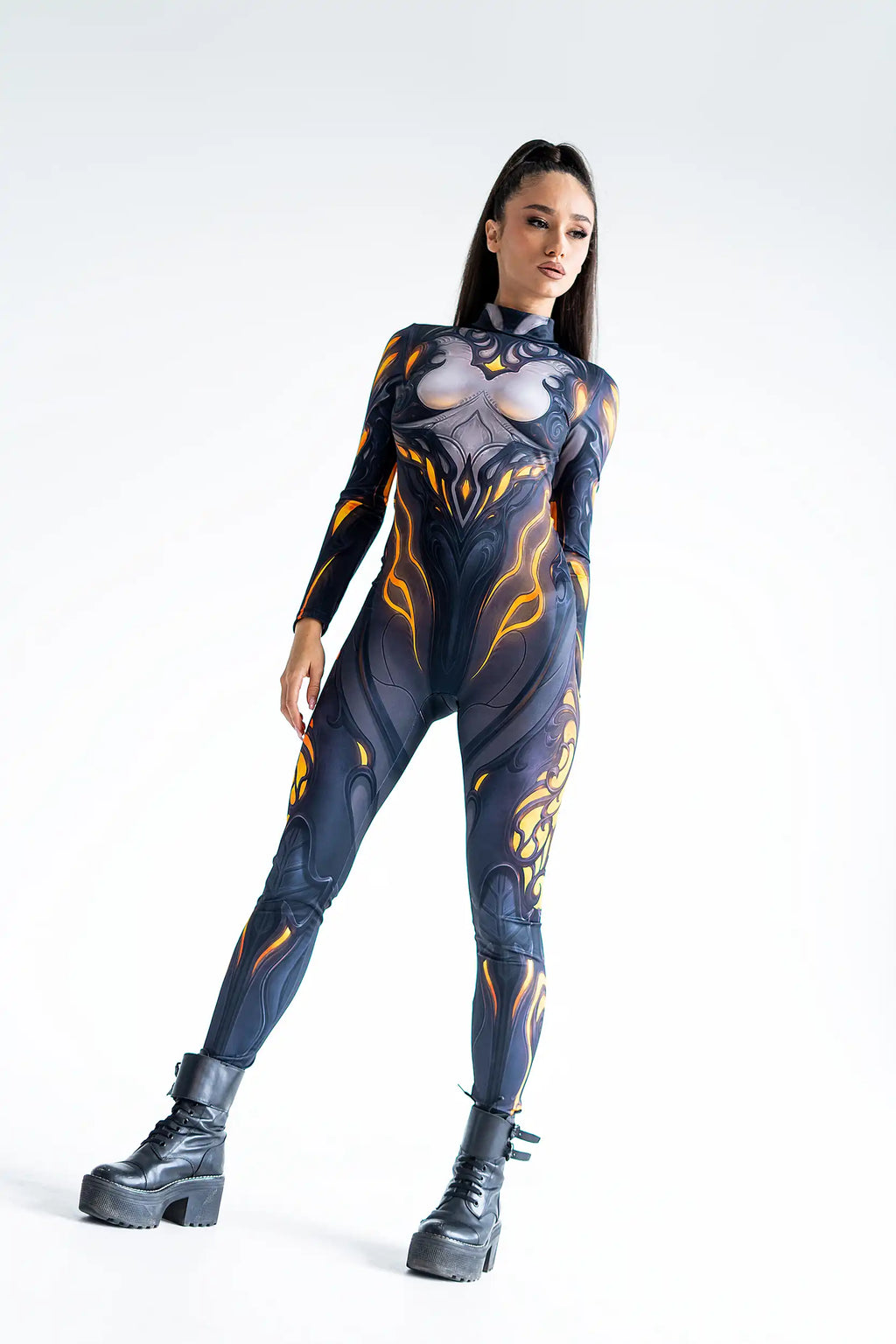 Person wearing a black and orange bodysuit on a white background