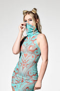 Light blue futuristic festival dress styled for rave and clubwear fashion