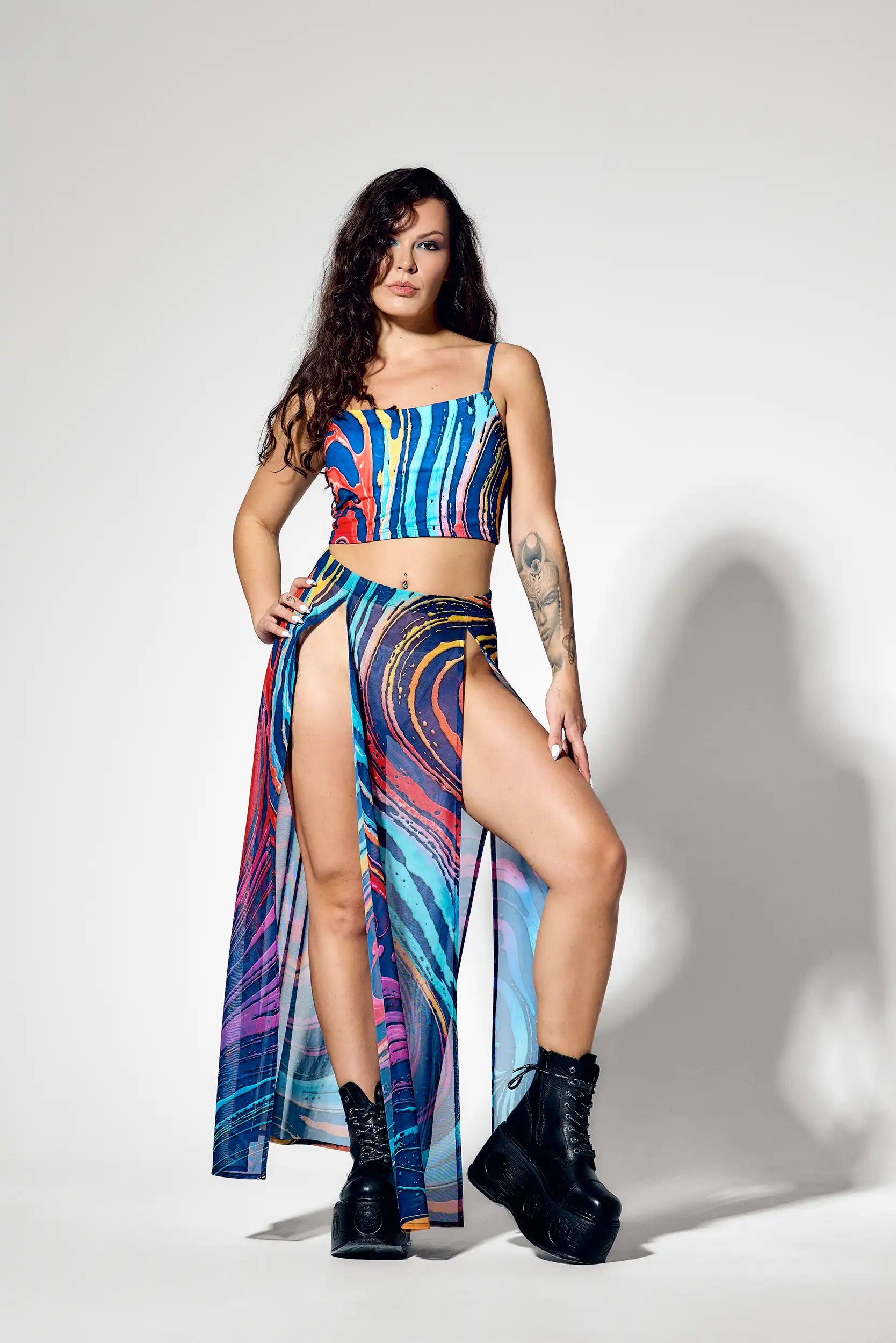 Futuristic rave outfit with matching psychedelic two piece styling