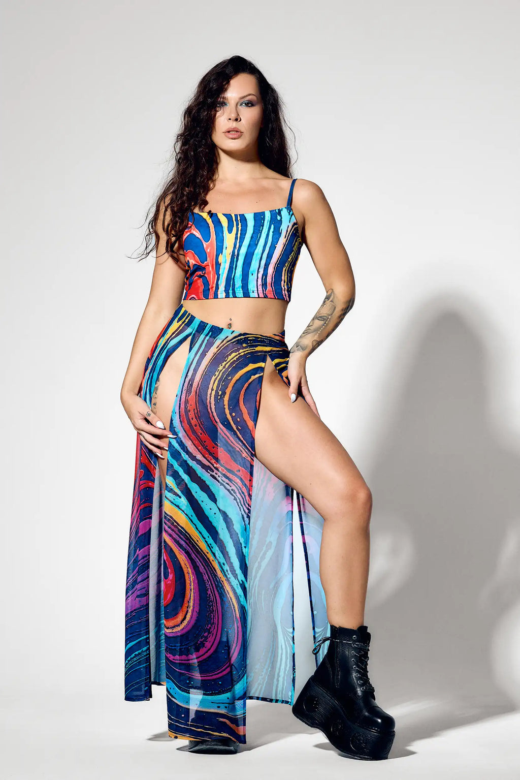 Futuristic rave outfit with matching psychedelic two piece styling