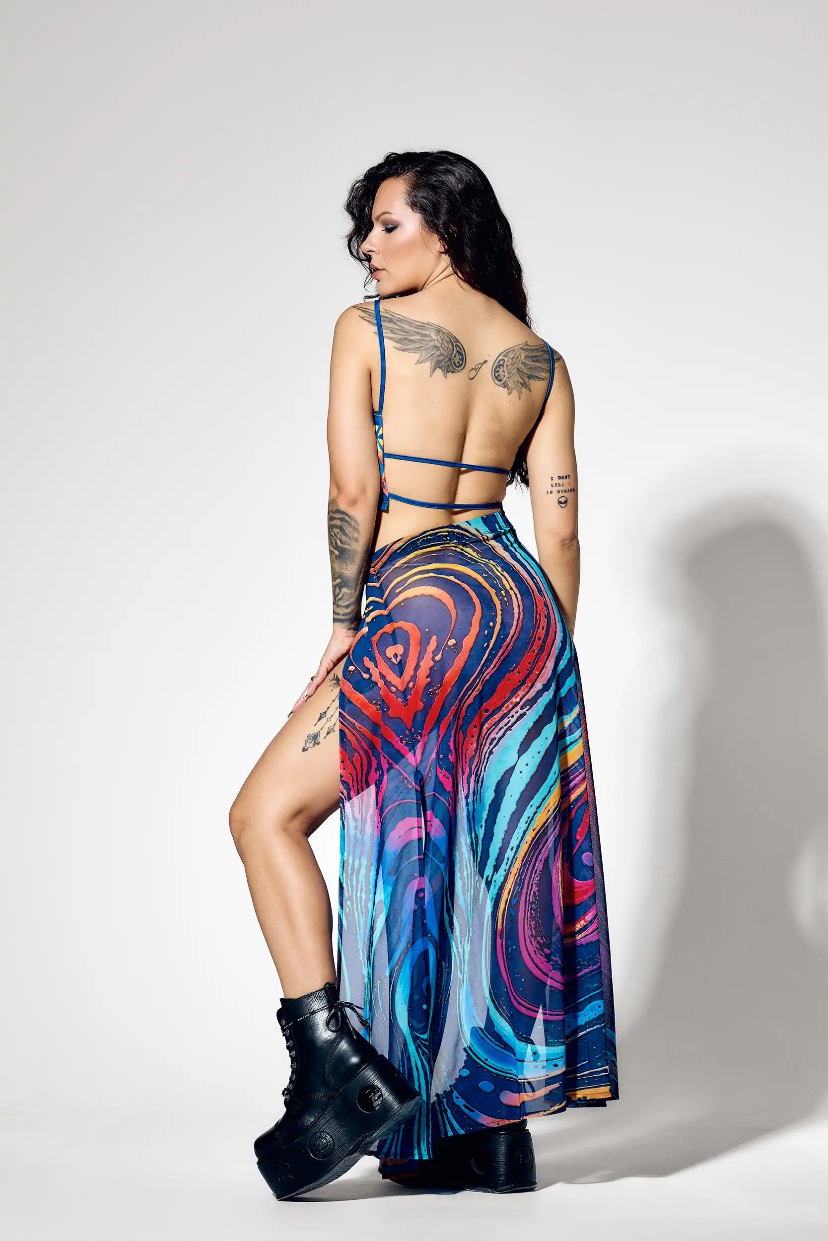 Back view of matching rave set with open back crop top detail