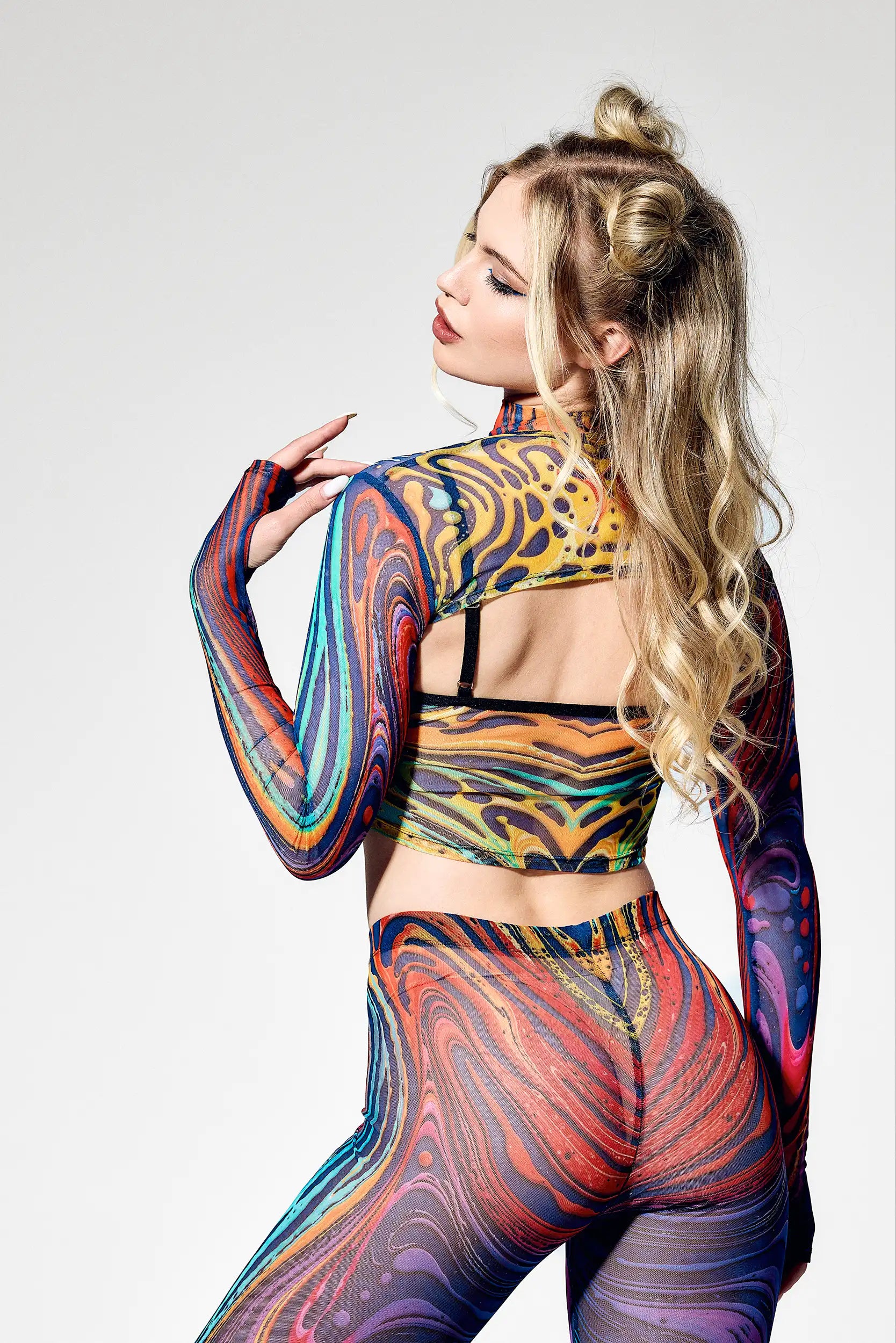 Psytrance festival clothing set with futuristic body contour fit
