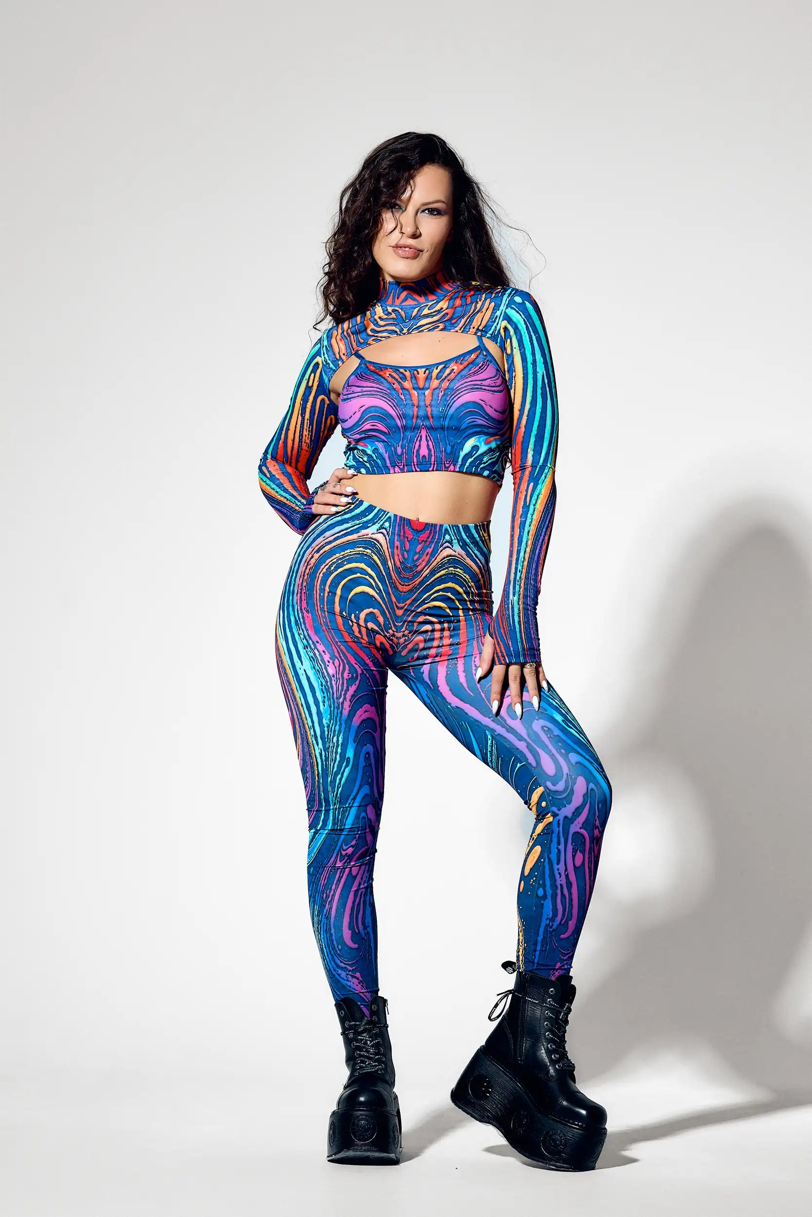 Psytrance three piece set with crop top long sleeve shrug and leggings