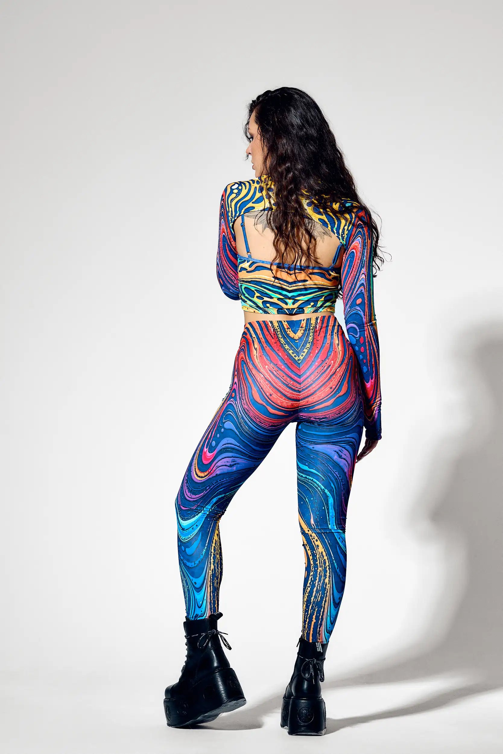 Back view of psychedelic three piece ravewear set