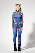 Full body rave catsuit front view with vibrant abstract print