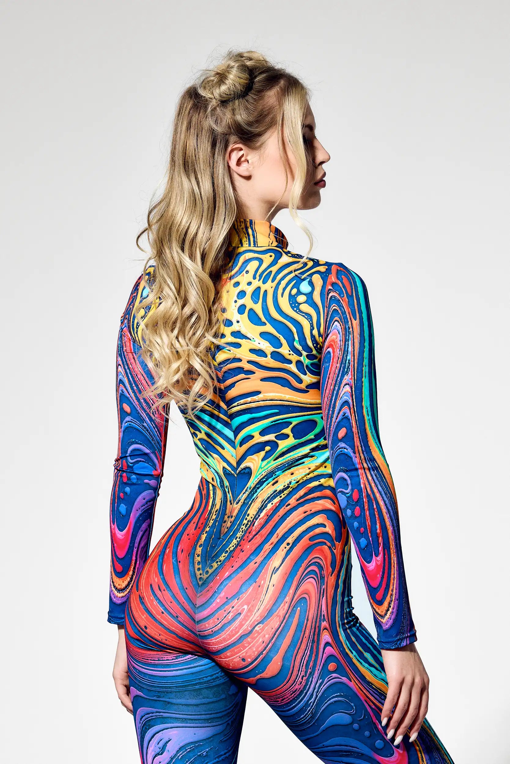 Back view of psychedelic catsuit with colorful swirl design