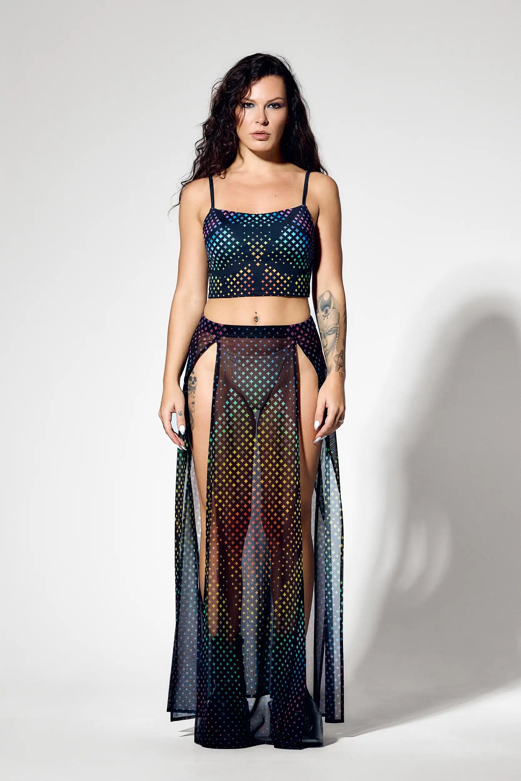 Rainbow disco two piece rave set with crop top and sheer mesh maxi skirt