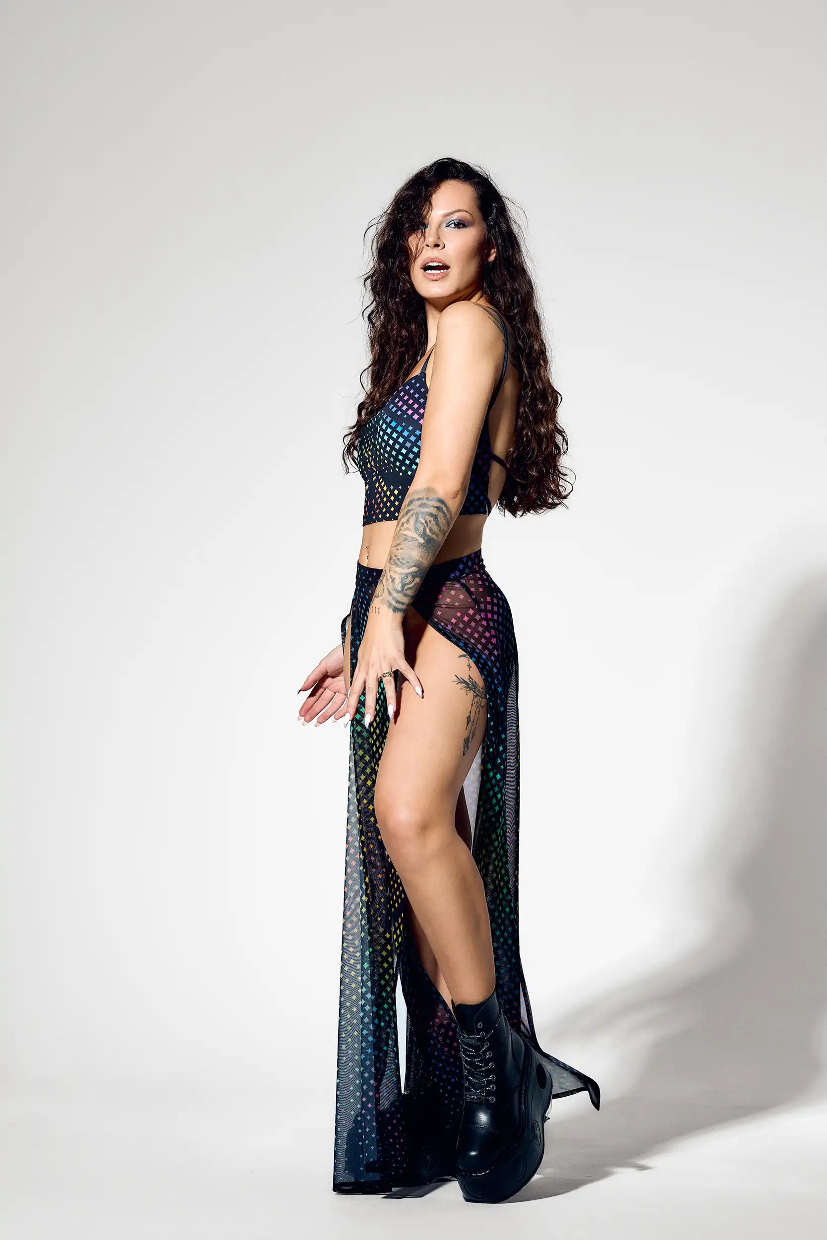 Cyber Y2K festival set styled with platform boots