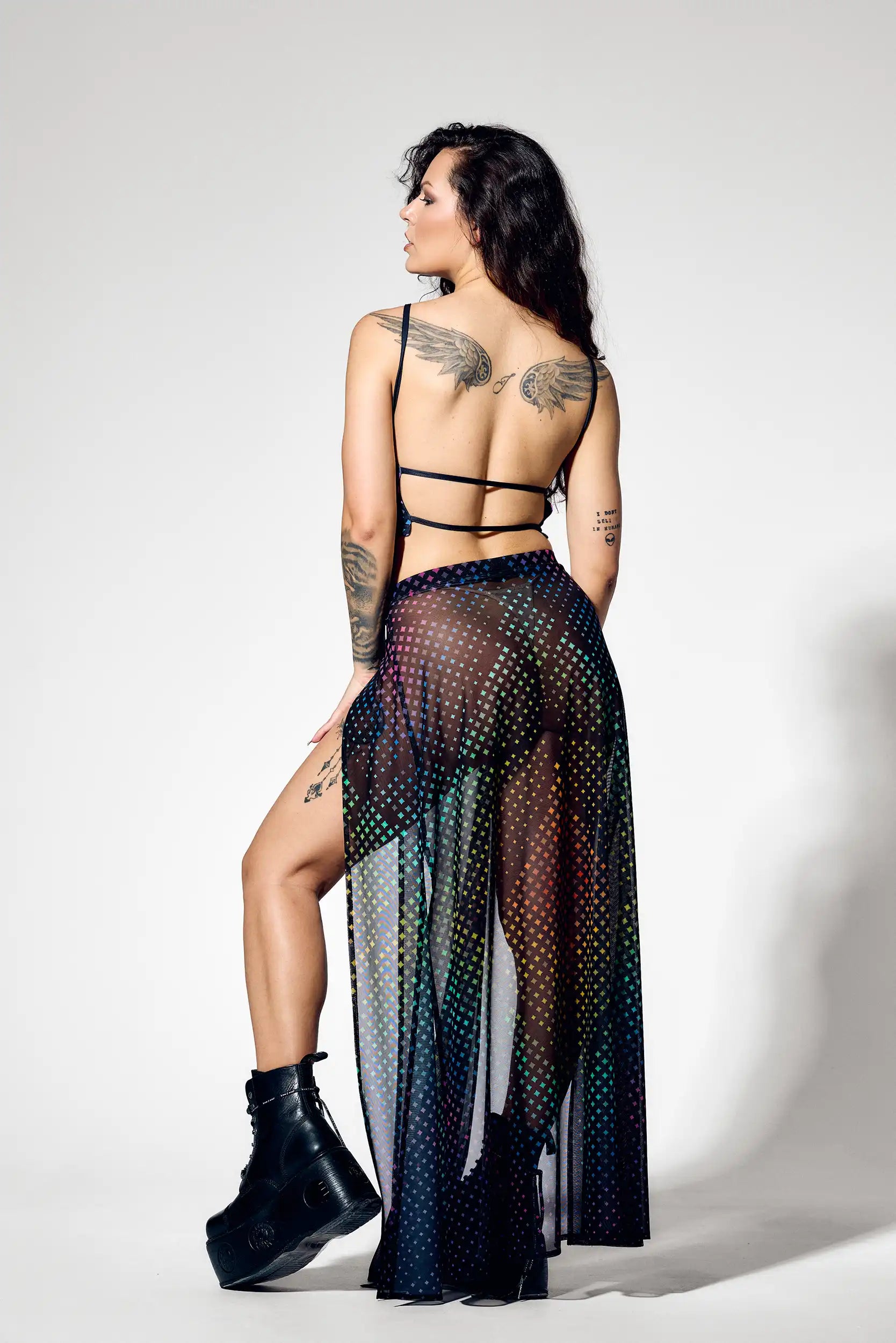 Flowing sheer mesh rave skirt with matching geometric crop top