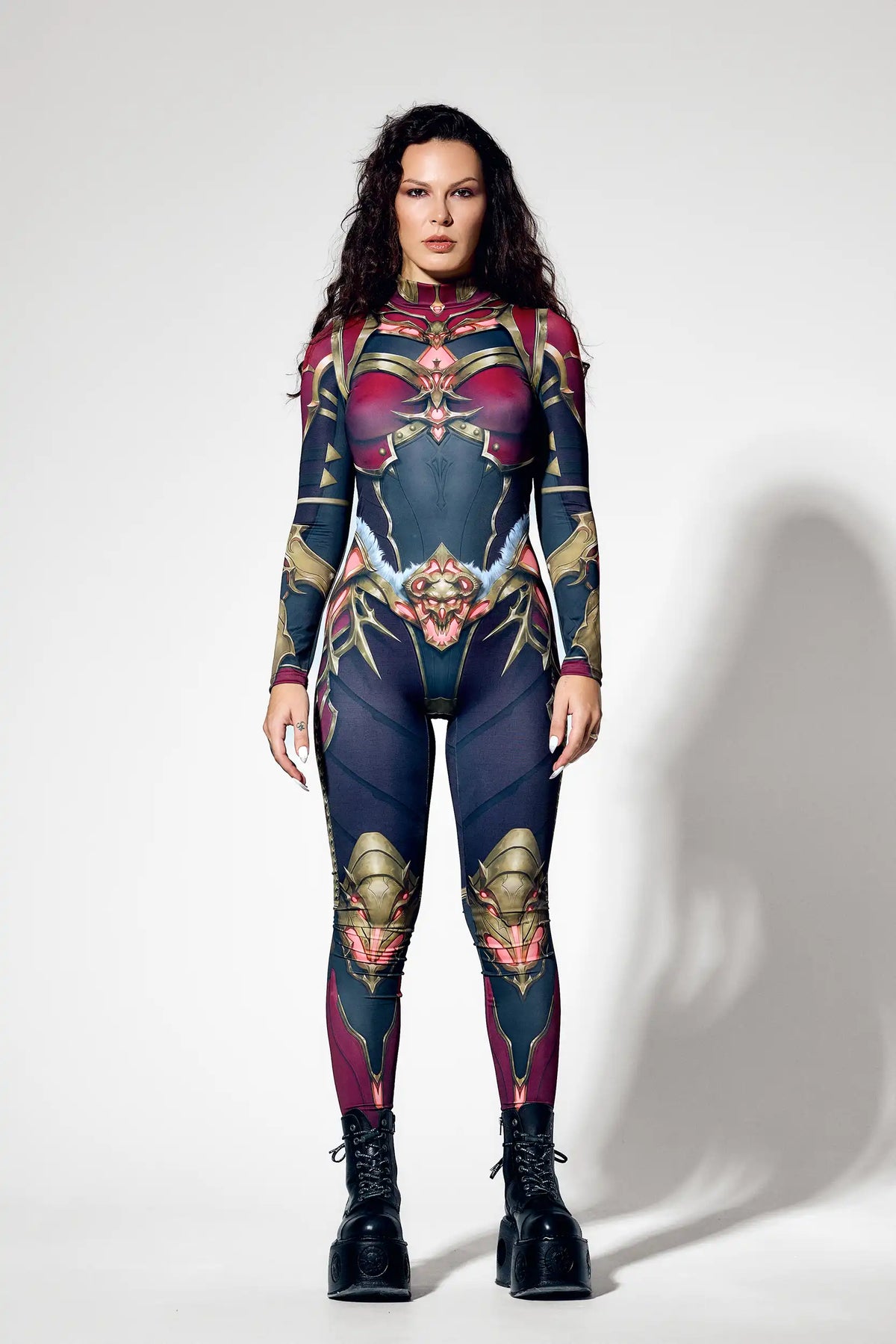Halloween female warrior costume with detailed fantasy armor print