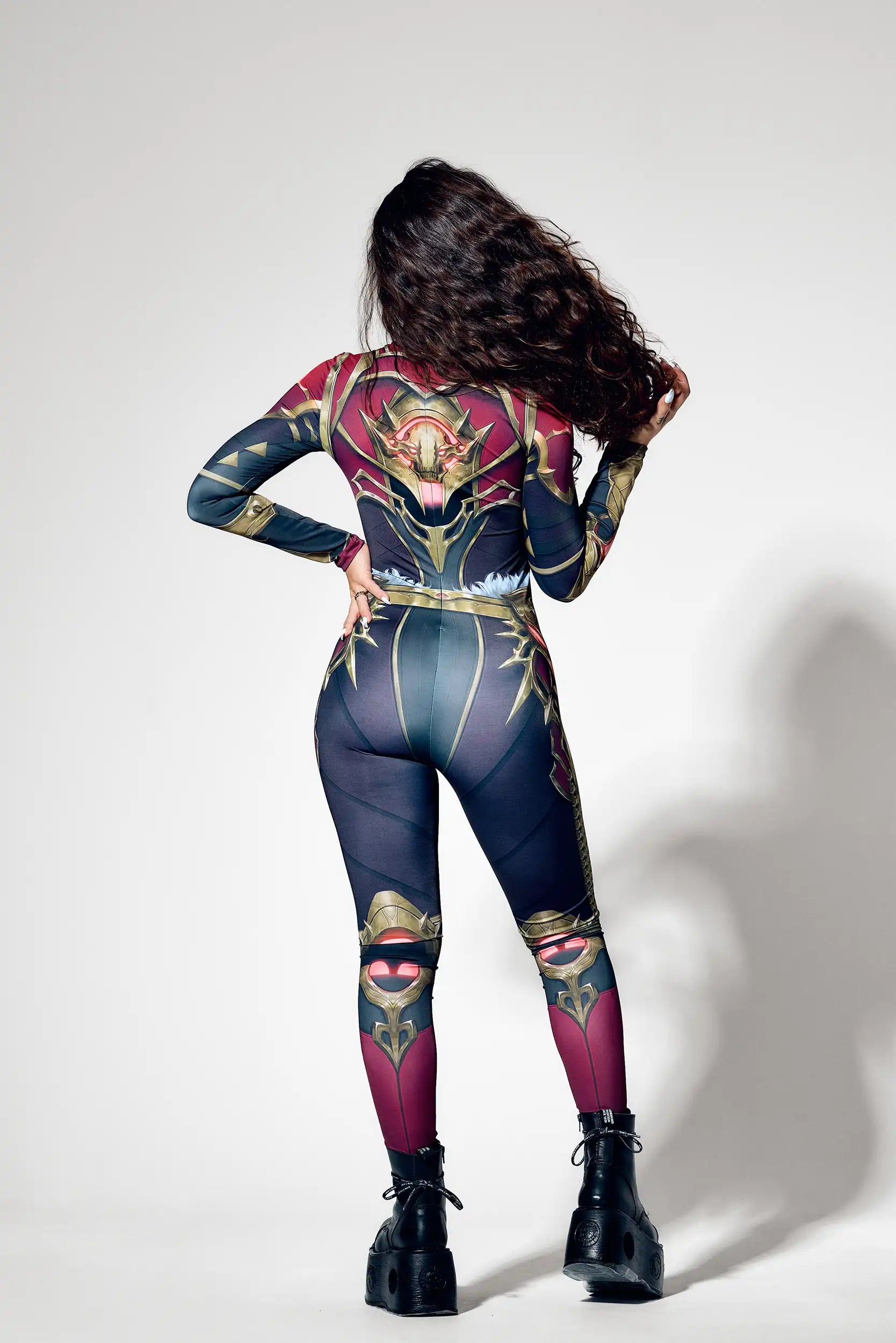 Back view of fantasy warrior catsuit with hidden zipper closure