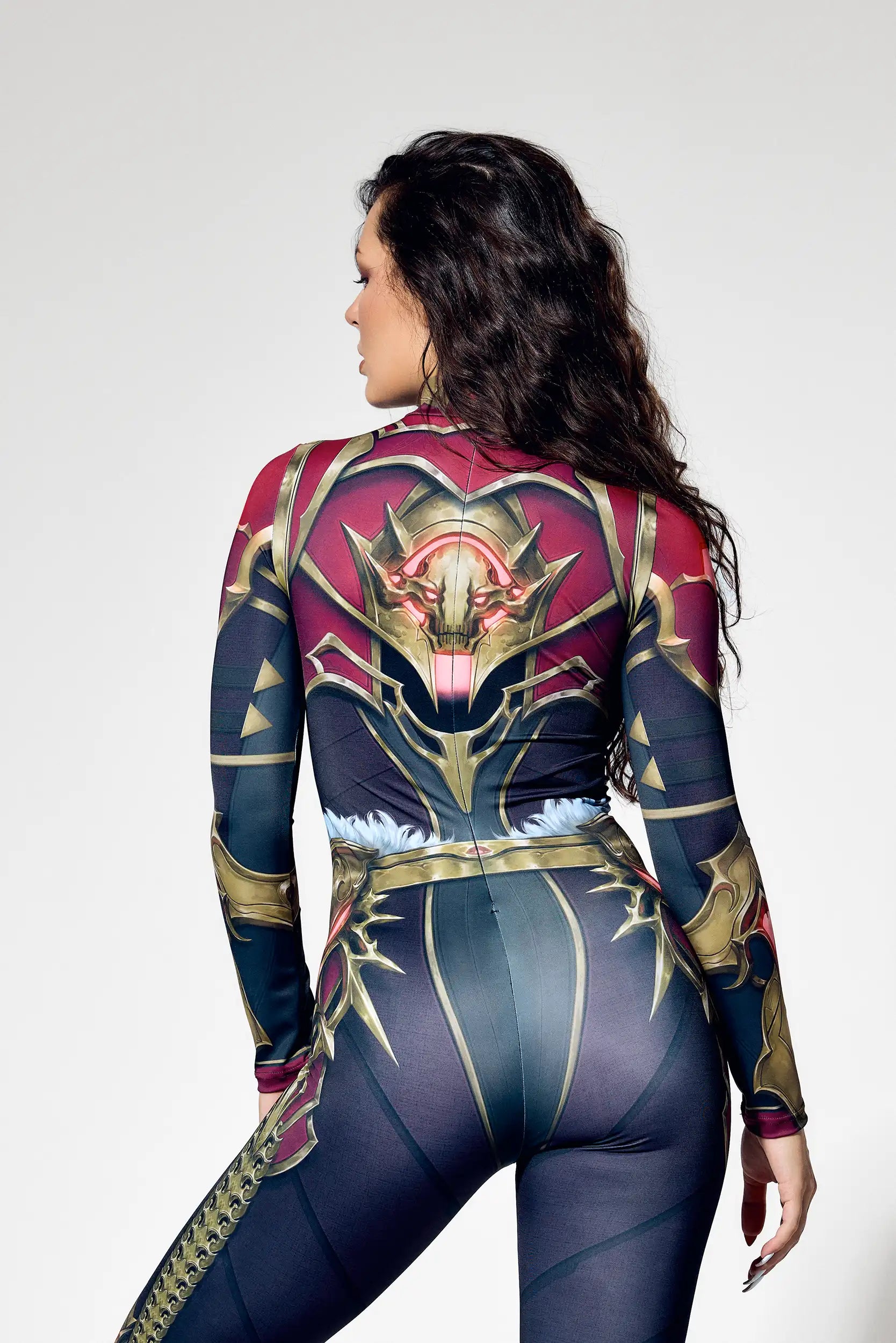 Detailed fantasy armor print on women’s Halloween costume
