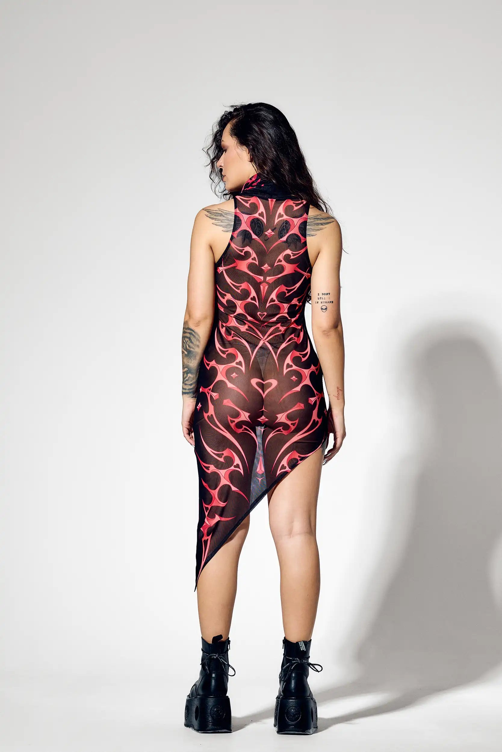Back view of asymmetrical mesh ravewear dress