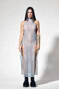 Light gray sheer mesh maxi dress with white futuristic line print