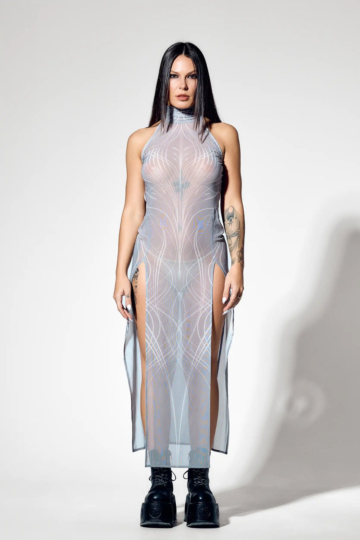 Light gray sheer mesh maxi dress with white futuristic line print