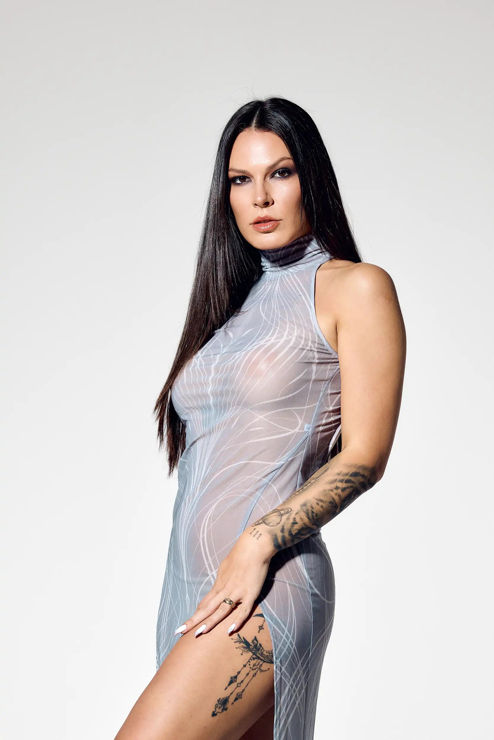 Ethereal sheer gray dress with white sculptural line pattern