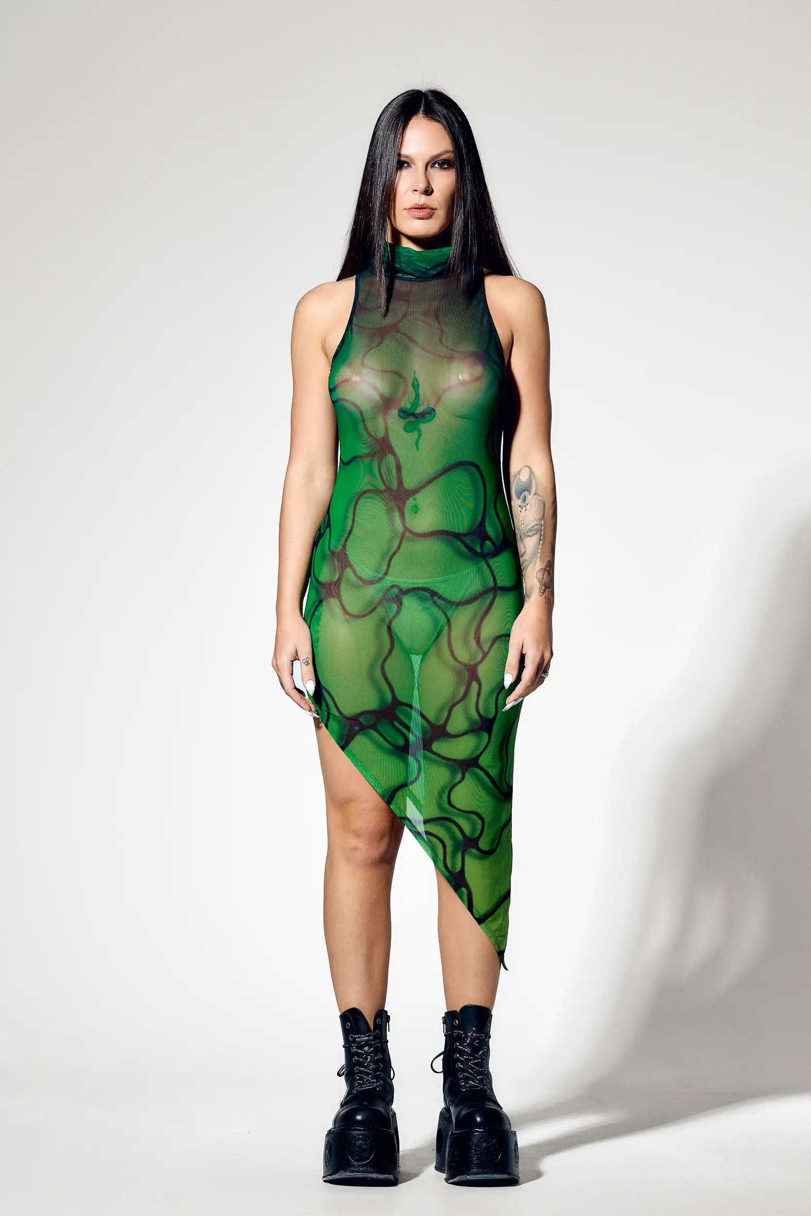 Green sheer mesh Halloween dress with black botanical print and asymmetrical hem