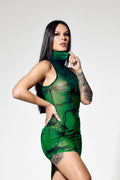 Close-up of green sheer mesh and flowing black organic print