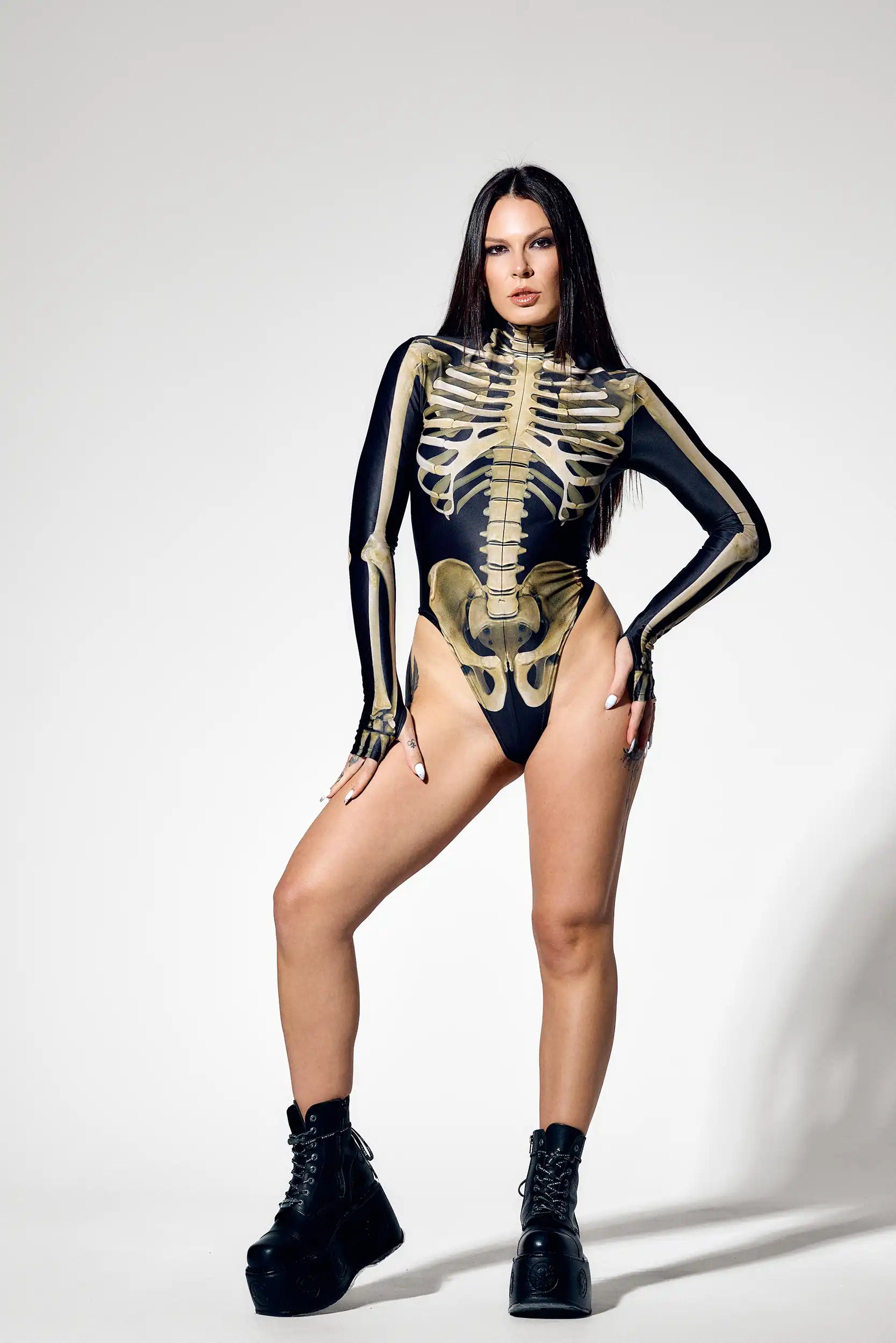 Women's spooky skeleton bodysuit with rib cage and pelvis print