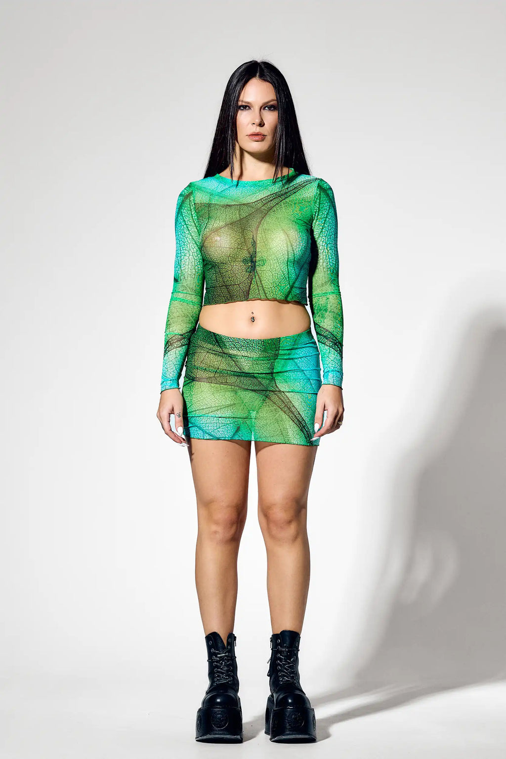 Fairy grunge festival outfit with matching mesh crop top and bodycon mini skirt