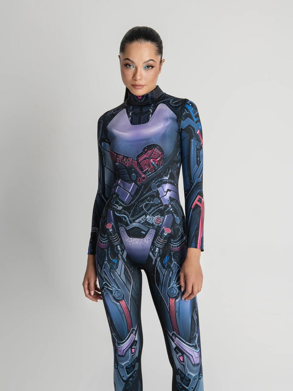 Person wearing a futuristic, form-fitting suit with mechanical design on a plain background