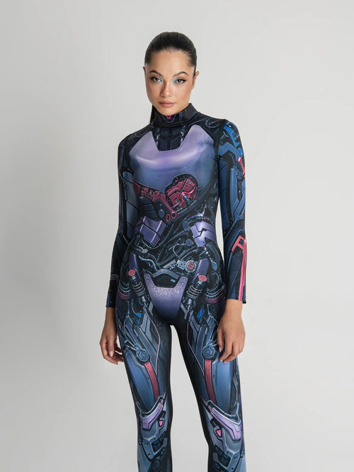 Person wearing a futuristic, form-fitting suit with mechanical design on a plain background
