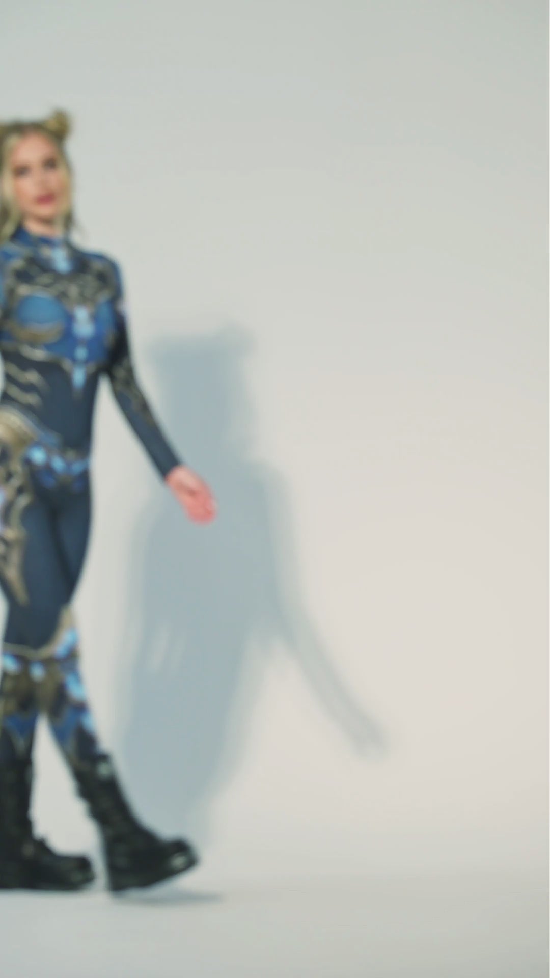 Video of Body-hugging blue fantasy catsuit made from Italian lycra