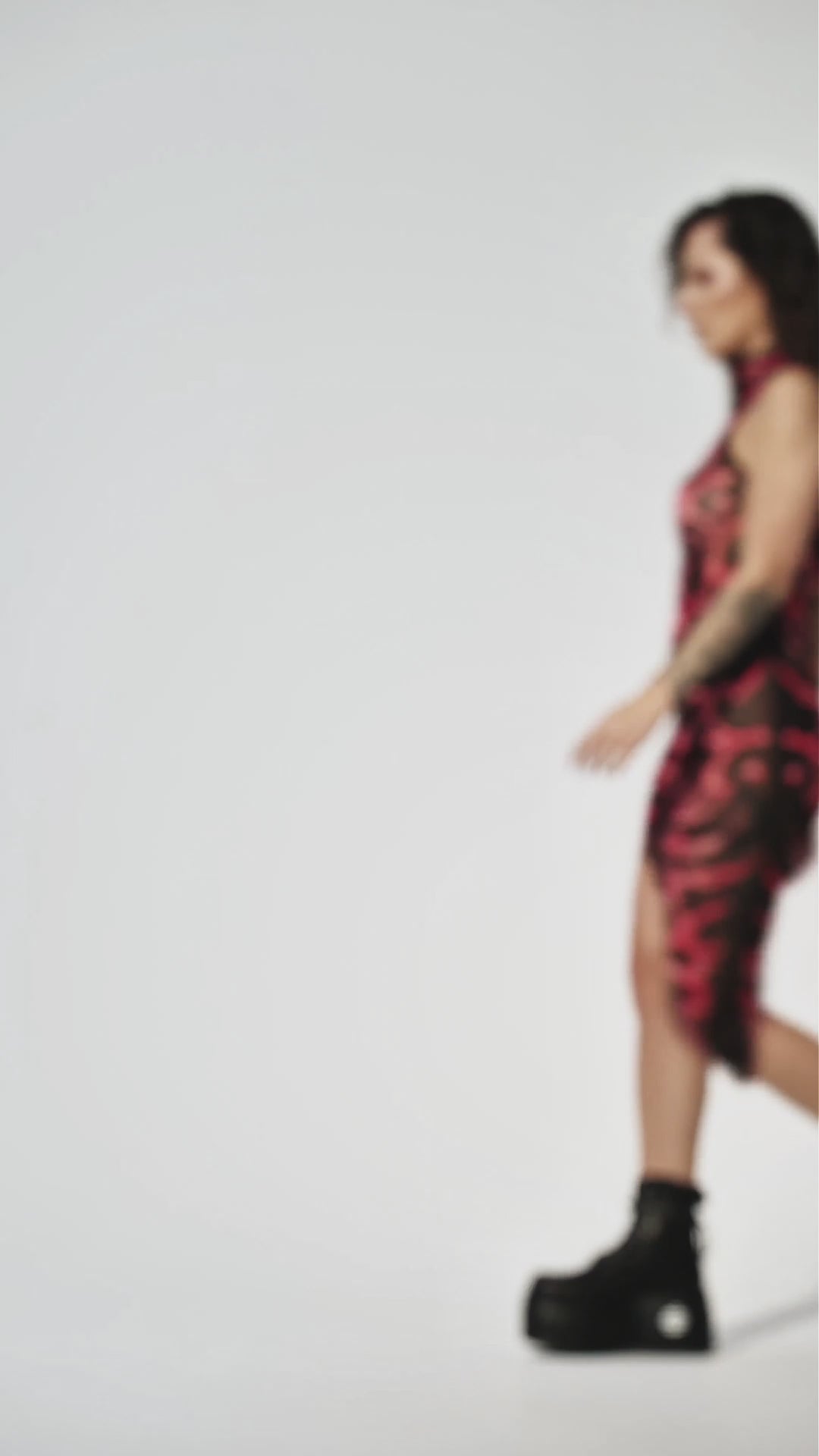 Video of Sheer cyber Y2K mesh festival dress with pink tribal print